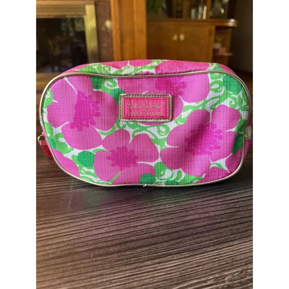 Lilly Pulitzer for Estée Lauder Pink and Green Floral Cosmetic Makeup Bag